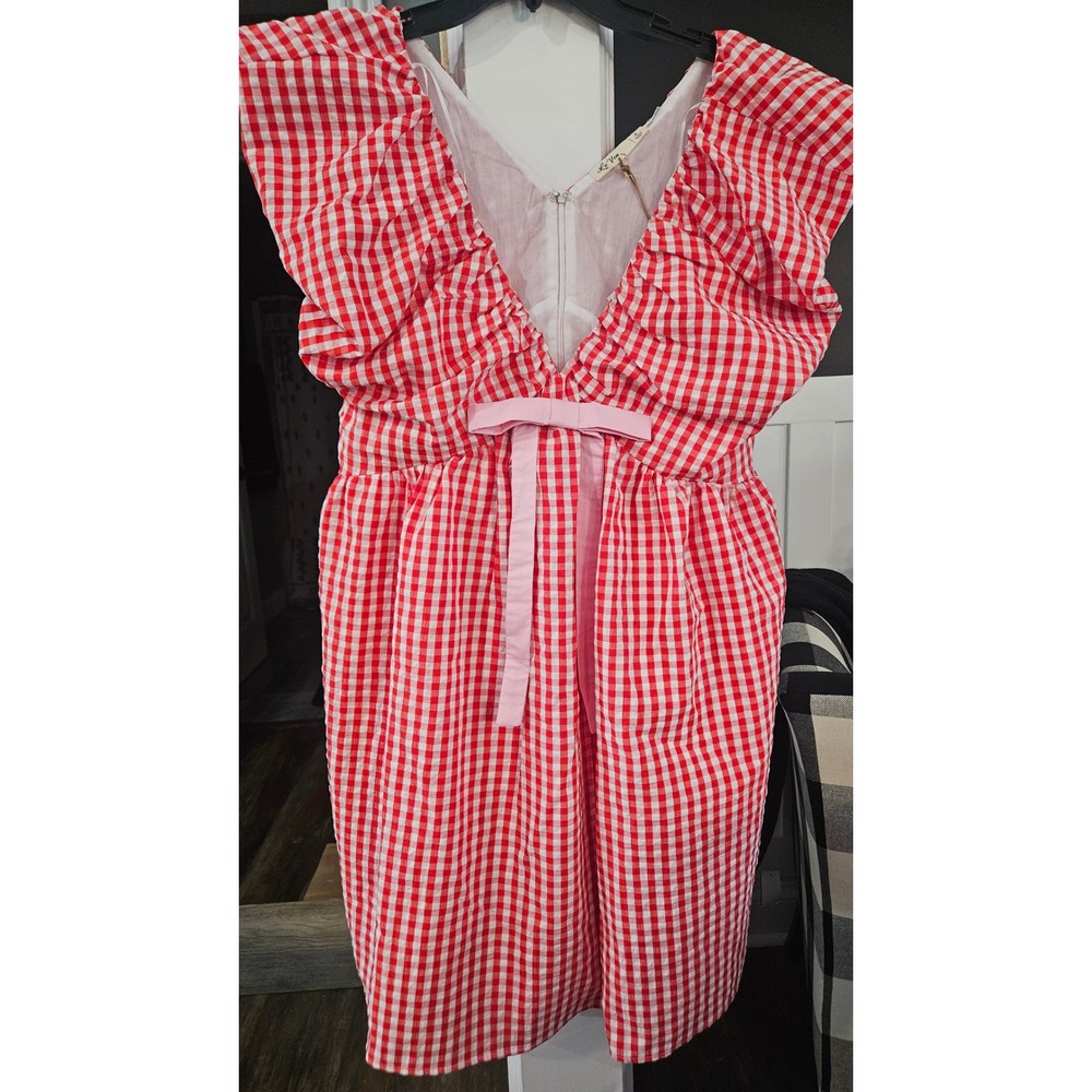 NWT Cottagecore La Ven Red Gingham Ruffle V-Neck Dress with Pink Bow Acc Size L